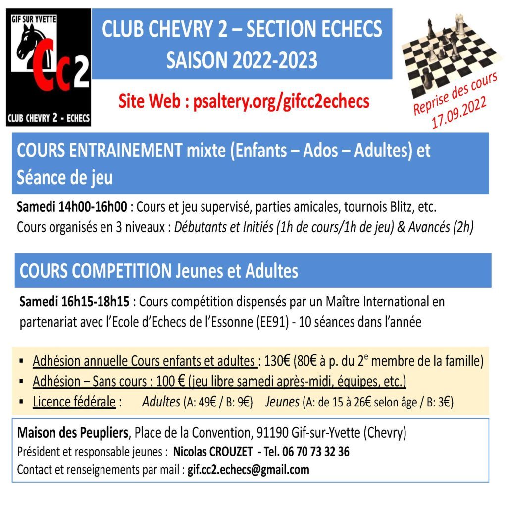 Flyer du Club Chevry 2 Section Échecs pour la saison 2022-2023 : horaires, tarifs et contacts.