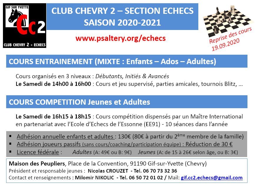 Flyer du Club Chevry 2 – Section Échecs, saison 2020-2021 : horaires des cours, tarifs et contacts.