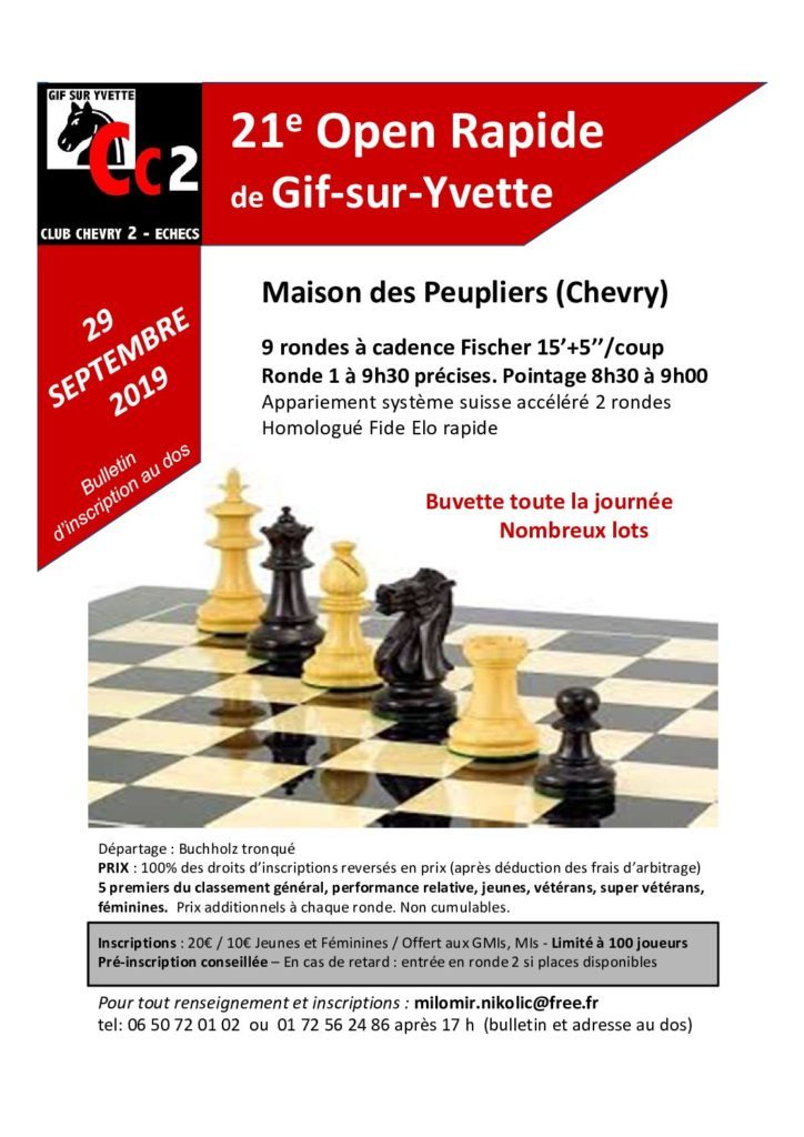 Affiche du 21e Open rapide de Gif-sur-Yvette du 29 septembre 2019 à la Maison des Peupliers.