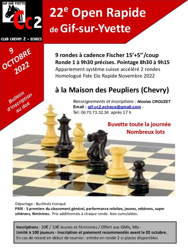 Affiche du 22e Open rapide de Gif-sur-Yvette du 9 octobre 2022 à la Maison des Peupliers.