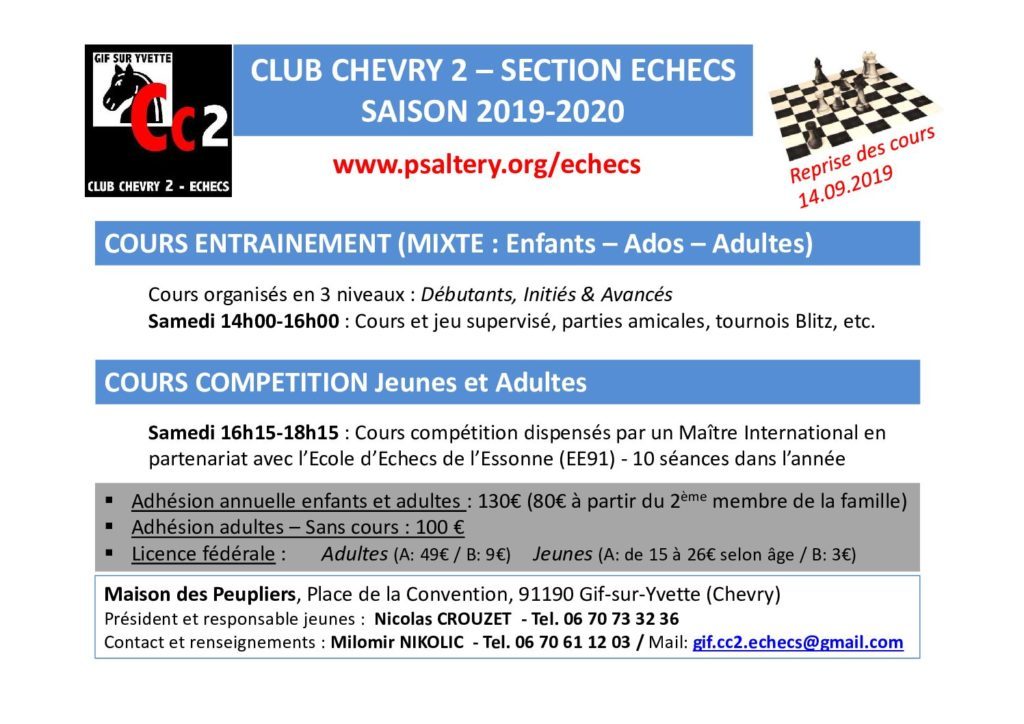 Flyer du Club Chevry 2 Échecs présentant les cours et tarifs de la saison 2019-2020.