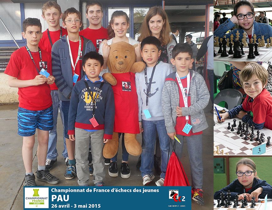 Montage du Championnat de France des jeunes à Pau 2015, les jeunes Giffois posant avec la mascotte.